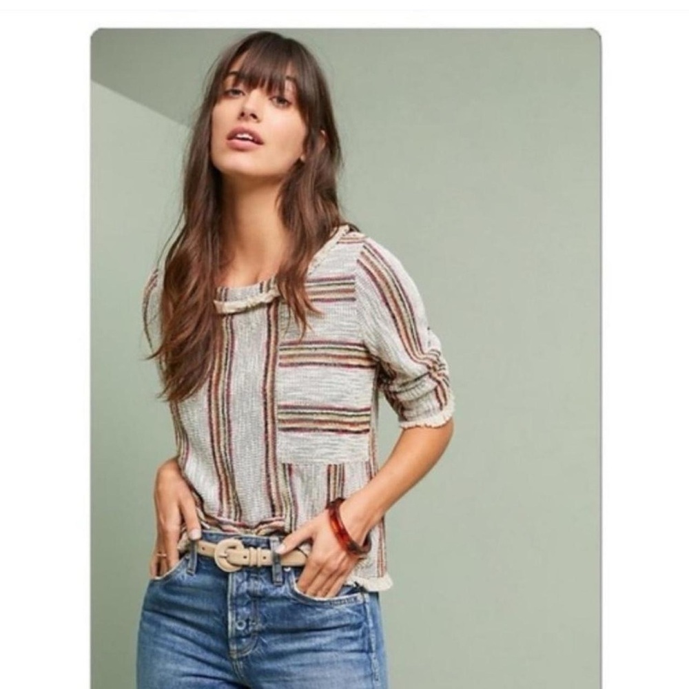 Anthropologie Neutral Striped Short-Sleeve Knit Top with Multicolor Accents